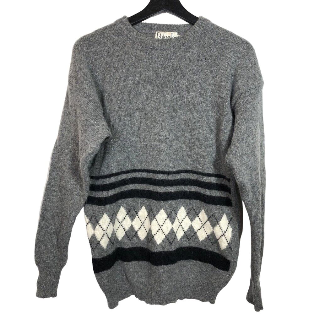 Vintage Gray Argyle Lambs Wool Angora Rabbit Sweater Rafaella Medium Black White